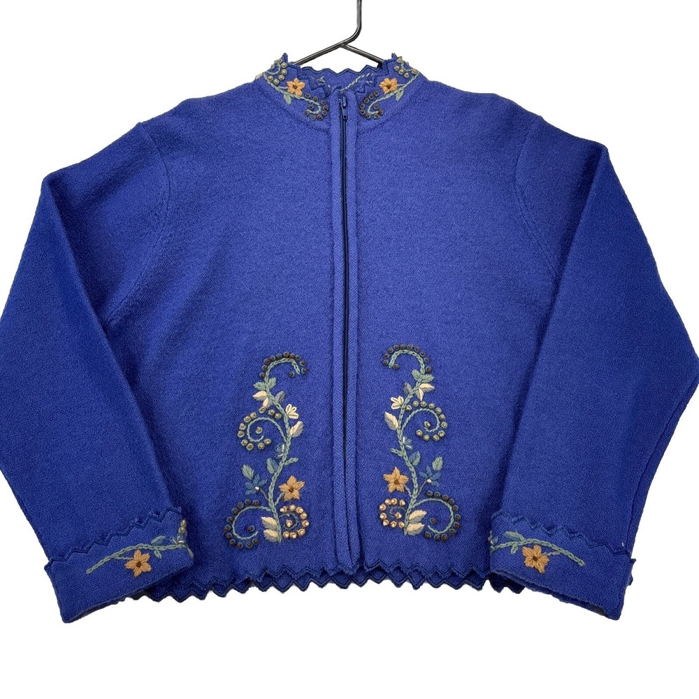 TALLY HO Womens L Cardigan Jacket Embroidered Full Zip Purple Floral Grannycore